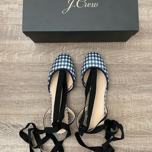 J Crew Gingham Ankle Wrap Flats, US 6, Navy